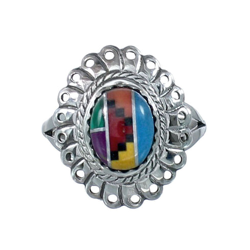 Southwestern Manmade Multicolor Inlay Sterling Silver Ring Size 6-1/4 JX130278